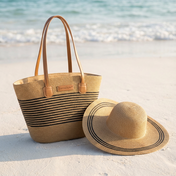 Boho-Style Straw Hat & Tote Bag Set — Ideal for Beach, Travel & Summer Outings