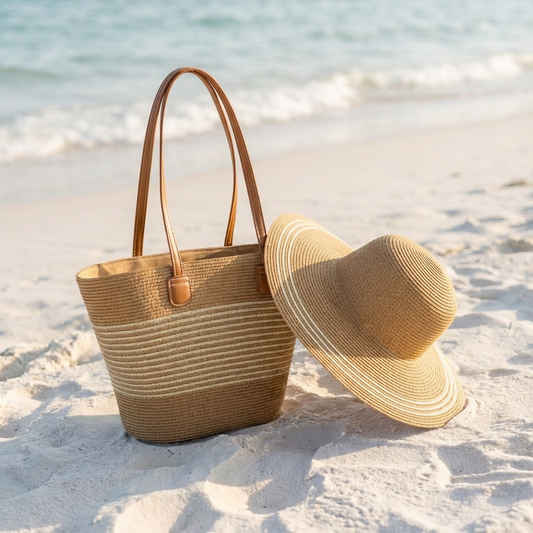 Boho-Style Straw Hat & Tote Bag Set — Ideal for Beach, Travel & Summer Outings